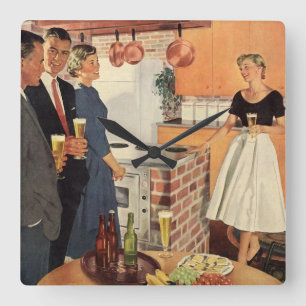 Vintage-Party in der Küche, Bier und Appetithäppch Quadratische Wanduhr