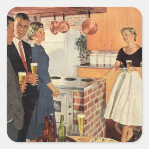 Vintage-Party in der Küche, Bier und Appetizer Quadratischer Aufkleber