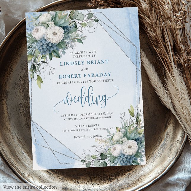 Vintage Pastel Blue White Silver Rose Hochzeit Einladung (Vintage Pastel Blue White Silver Roses Wedding Invitation)