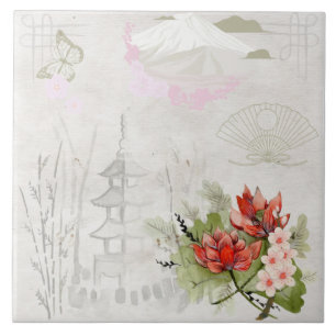Vintage Pastel Traditionelle japanische Illustrati Fliese