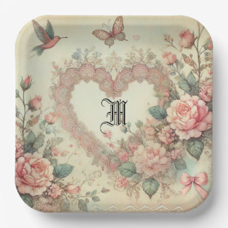 Vintage Pastel Watercolor Boho Floral Hearts Pappteller