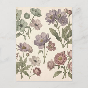 Vintage Pastell-Anemonen Rosen Sanfte Botanik Postkarte