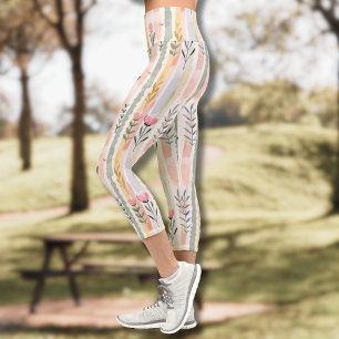 Vintage Pastell-Aquarell-Blumenstreifen Capri Leggings