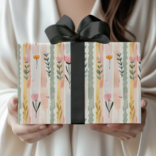 Vintage Pastell-Aquarell-Blumenstreifen Geschenkpapier