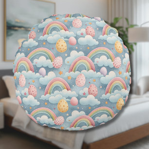 Vintage-Pastell-Regenbogen-Osterhaseneier mit Wolk Rundes Kissen