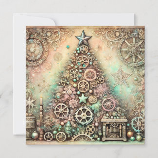 Vintage Pastell-Steampunk-Weihnachtsbaum-Karte Feiertagskarte