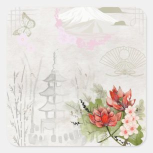 Vintage-Pastell-Traditionelle Japanische Illustrat Quadratischer Aufkleber
