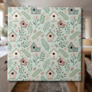Vintage-Pastell-Vogelhäuschen mit floralen Blüten Fliese