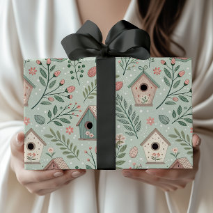 Vintage-Pastell-Vogelhäuschen mit floralen Blüten Geschenkpapier