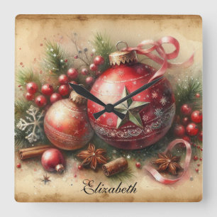 Vintage Pastell Wasserfarben Weihnachtsdekoratione Quadratische Wanduhr