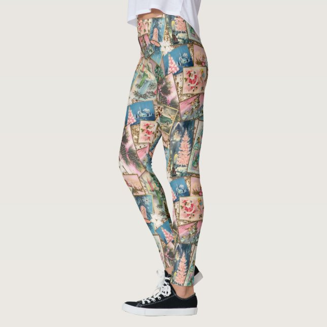 Vintage-Pastell-Weihnachtskarten-Collage Leggings (Links)