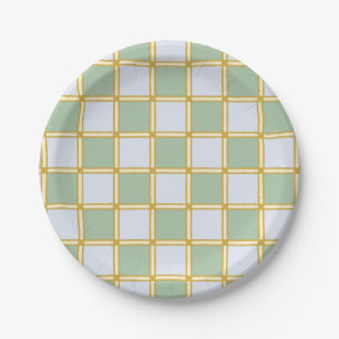 Vintage pastellgelbe, blaue und grüne Schachbrett Pappteller