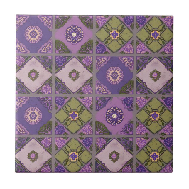 Vintage-Patchwork Lila Grün Fliese (Vorderseite)