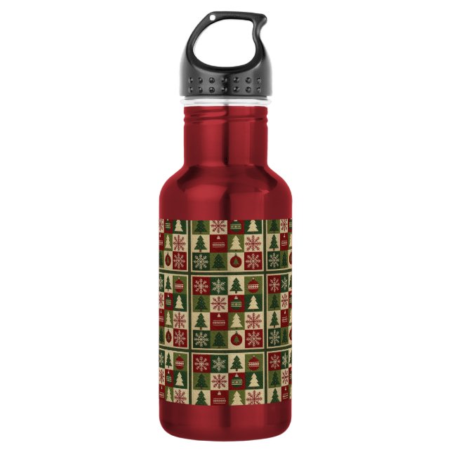 Vintage, Patchwork-Steppoptik rustikales Weihnacht Edelstahlflasche (Vorderseite)