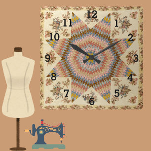 Vintage Patchwork Stern Quilt Nähzimmer Quadratische Wanduhr