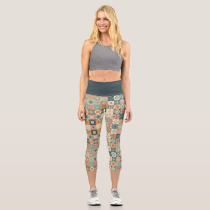 Vintage, patchworkartiger Quilt-Look Capri Leggings