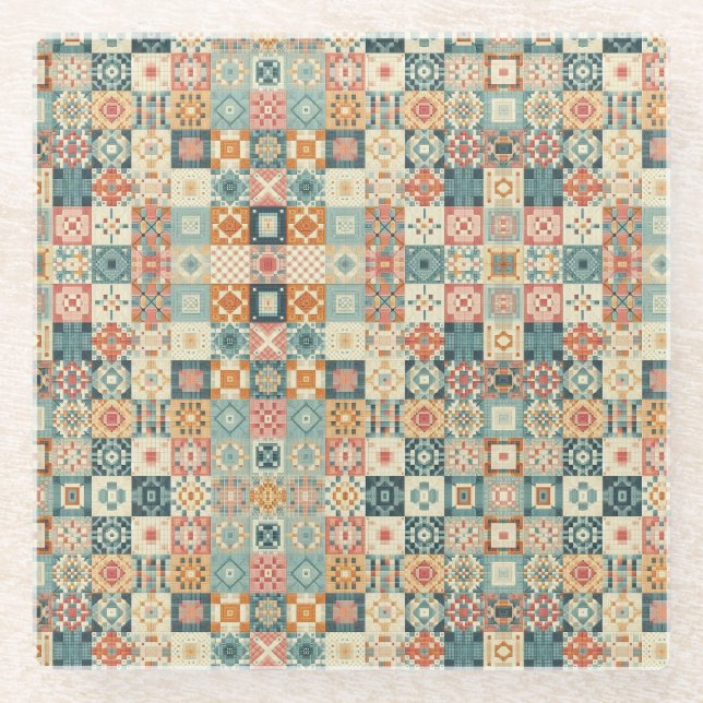 Vintage, patchworkartiger Quilt-Look Glasuntersetzer (Vorderseite)