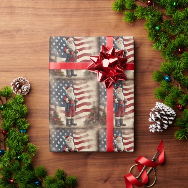 Vintage Patriotic American Flag and Santa Claus Geschenkpapier (Feiertagsgeschenk)