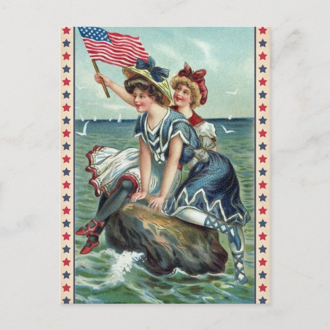 Vintage Patriotic Beach Women Postcard Postkarte (Vorderseite)