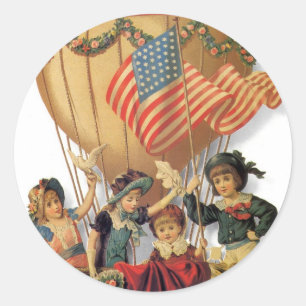 Vintage patriotisch, Kinder in einem Heißluftballo Runder Aufkleber