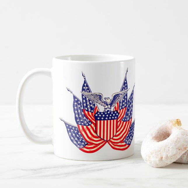 Vintage Patriotische Amerikanische Flagge, Amerika Kaffeetasse (Mit Donut)