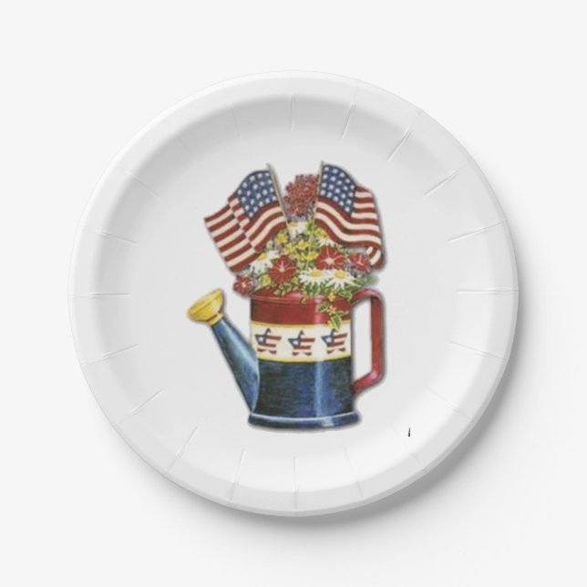 Vintage Patriotische Blume Pot Weathered USA Flag Pappteller (Vorderseite)