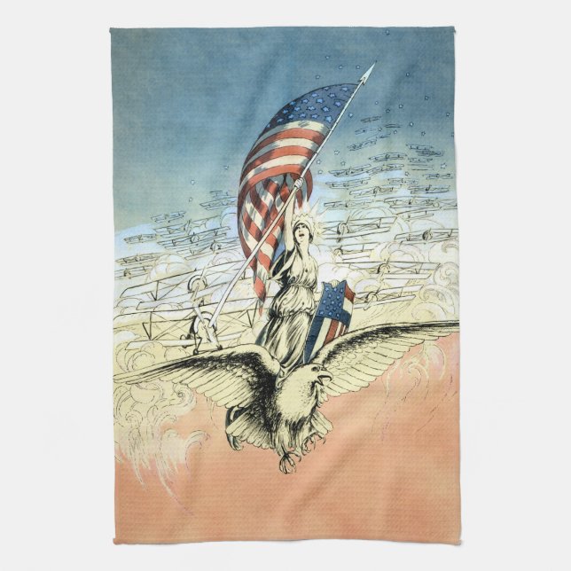 Vintage Patriotische Dame, Adler mit amerikanische Geschirrtuch (Vertikal)