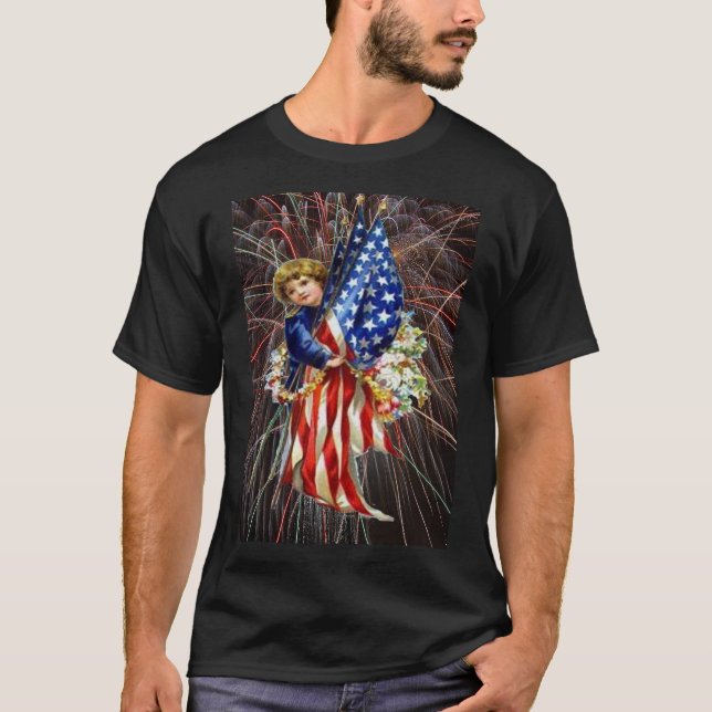 Vintage patriotische Kinderflagge Feuerwerk Unisex T-Shirt (Vorderseite)