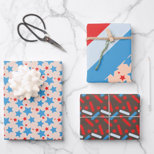 Vintage Patriotische Sterne Streifen Sprinkles Bla Geschenkpapier Set (Vorderseite)