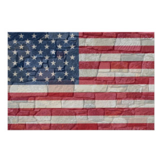 Vintage Patriotische USA-Flagge auf Steinmauer Poster