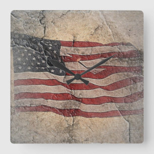 Vintage Patriotische USA-Flagge auf Steinmauer Quadratische Wanduhr