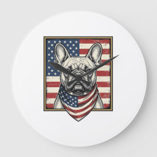 Vintage-patriotischer Französische-Bulldogge-Flagg Große Wanduhr