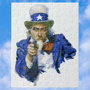 Vintage-patriotischer Onkel Sam mit Sternenhut und Puzzle