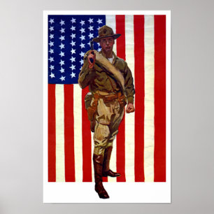 Vintage-patriotischer Soldat mit amerikanischer Fl Poster