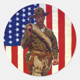 Vintage patriotischer Soldat mit amerikanischer Fl Runder Aufkleber