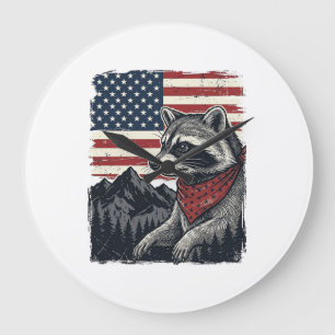 Vintage patriotisches Waschbär Bergflag Shirt Desi Große Wanduhr