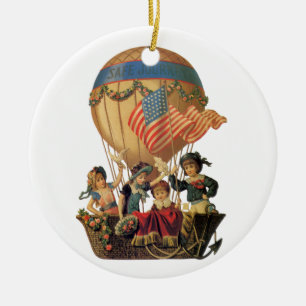 Vintage Patriotismus, Kinder in einem Heißluftball Keramik Ornament
