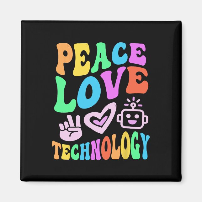 Vintage PEACE LIEBE TECHNOLOGIE Retro Computerunte Magnet (Vorne)