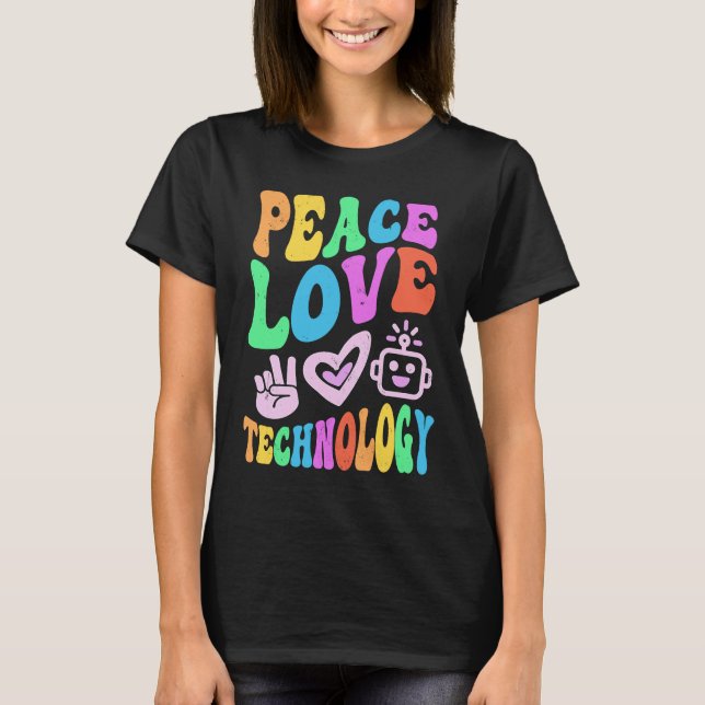 Vintage PEACE LIEBE TECHNOLOGIE Retro Computerunte T-Shirt (Vorderseite)