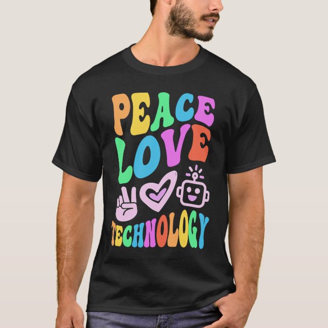 Vintage PEACE LIEBE TECHNOLOGIE Retro Computerunte T-Shirt (Vorderseite)