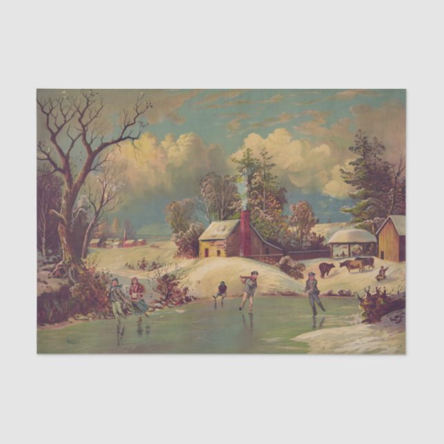 Vintage Peaceful Winter Village Ice Skating  Seidenpapier (Vorderseite)