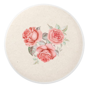 Vintage Peach Coral Rose Grüne Blätter Keramikknauf