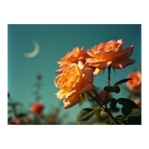 Vintage Peach Roses Under Blue Crescent Moon Sky