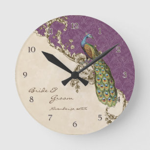 Vintage Peacock & Etchings Personalized Wedding Runde Wanduhr