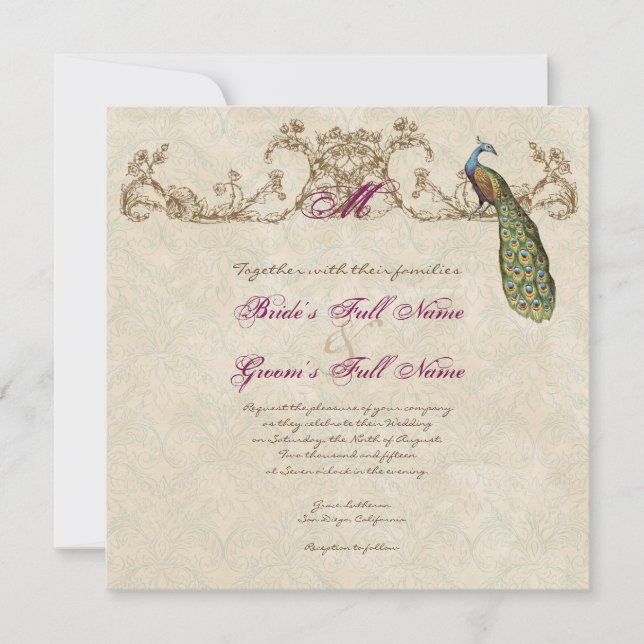 Vintage Peacock & Etchings Wedding Einladung (Vorderseite)