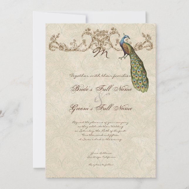 Vintage Peacock & Etchings Wedding Einladung (Vorderseite)