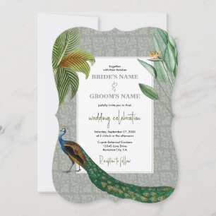 Vintage Peacock Feather Tropical Greenerity Weddin Einladung