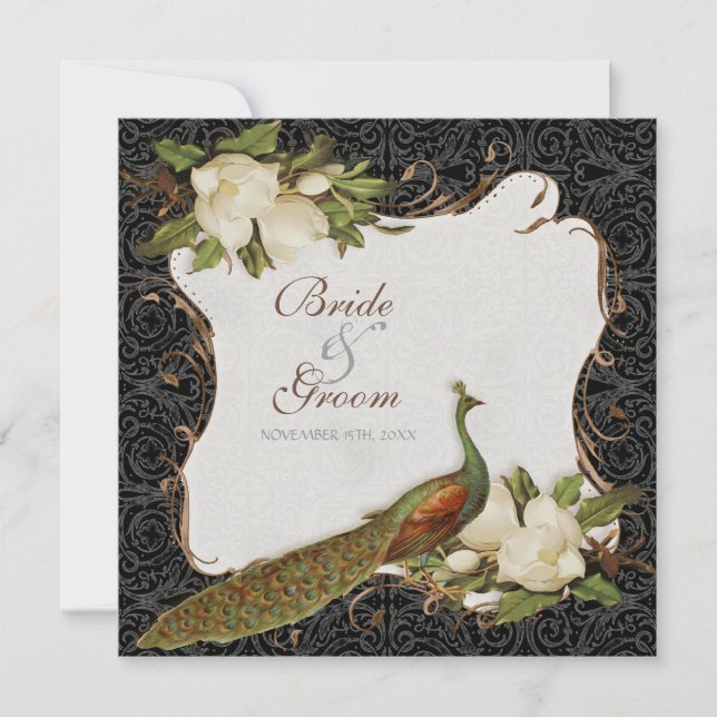 Vintage Peacock & Magnolia Wirbel Hochzeit Einladu Einladung (Vorderseite)