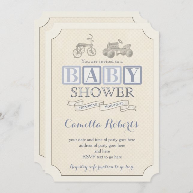 Vintage Pedal Car Dusche Einladungen, Blue & Taupe Einladung (Vorne/Hinten)