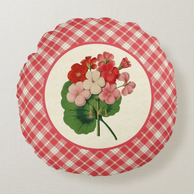 Vintage Pelargonien mit rosa kariertem rundem Rundes Kissen (Vorderseite)